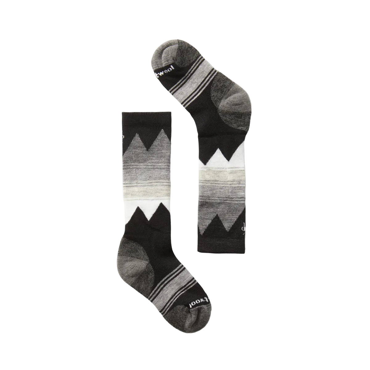 A pair of crew socks with a mountain pattern in black, gray, and white, displayed on a light gray background.