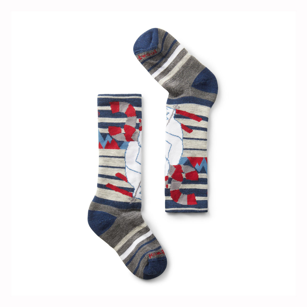 Two pairs of children's ski socks with a cartoon yeti design on a white background