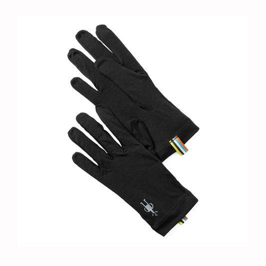 Pair of black gloves with a brand logo on a white background
