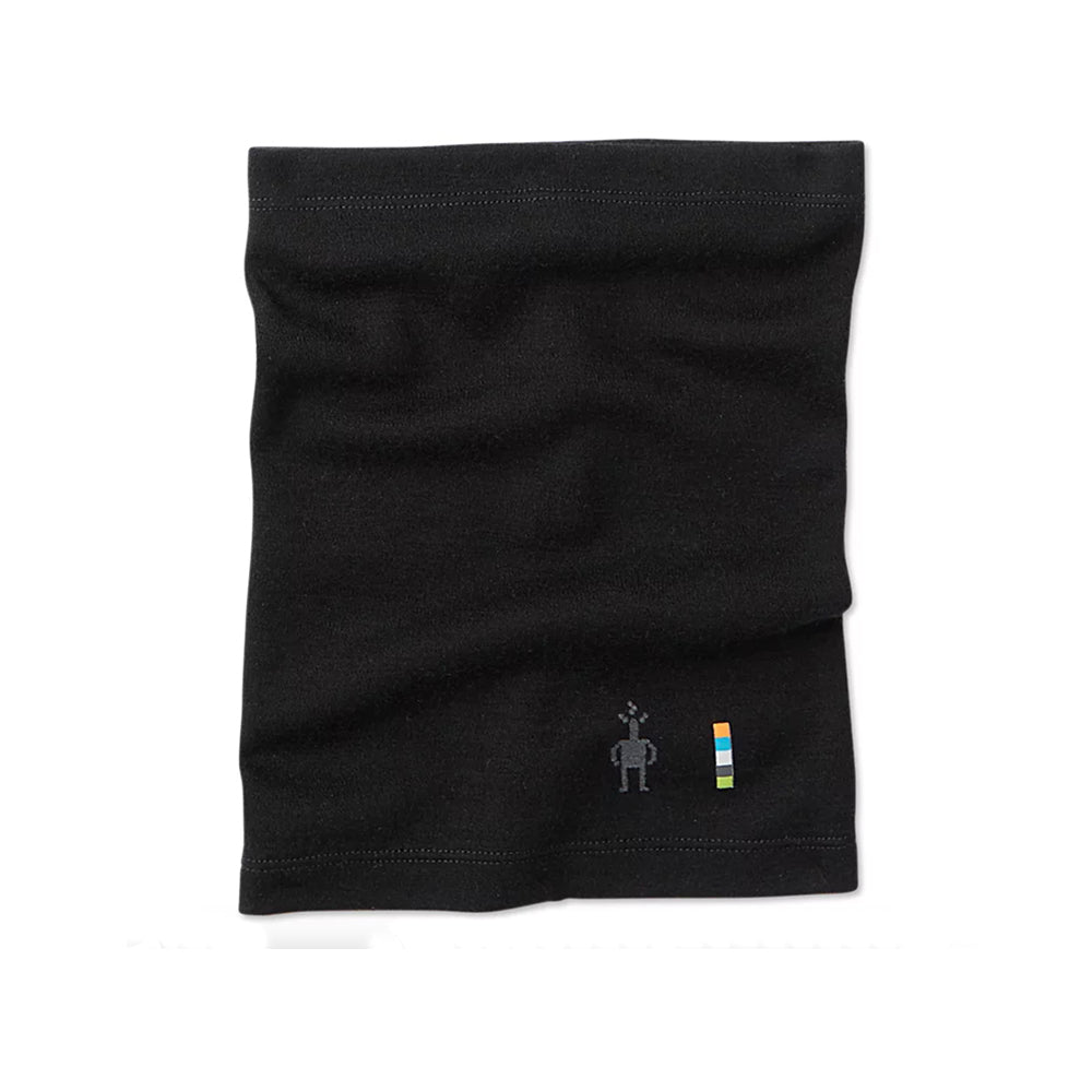 Kids black merino wool neck warmer with a small logo on the bottom right corner.