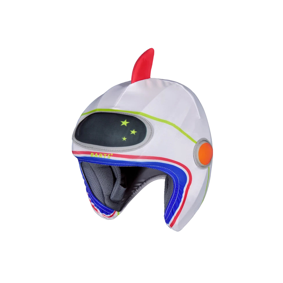 A white full-face motorcycle helmet styled like a retro sci-fi spaceship, featuring a red antenna-like protrusion on top, a dark visor with yellow star graphics, and blue, red, and green stripe accents.