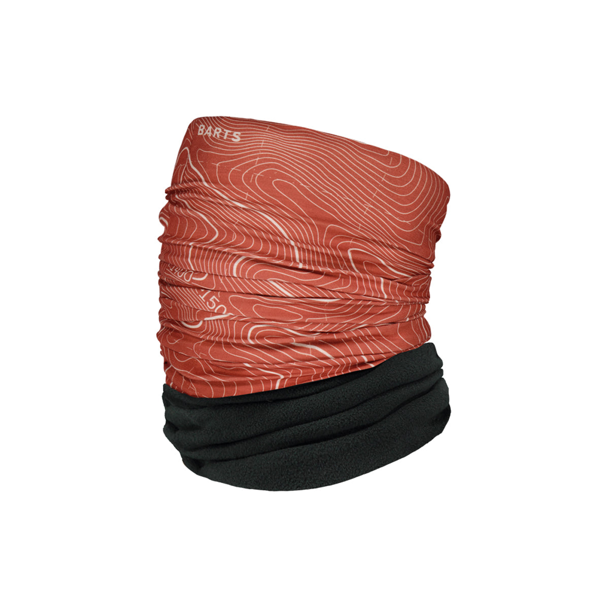 A BARTS brand neck gaiter or tube hat shown on a plain white background. The top half features a rust-orange and white topographic contour line pattern, while the bottom half is solid black.