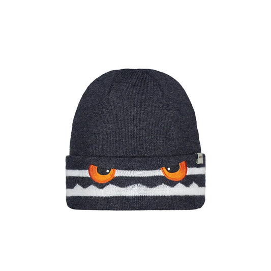 A dark charcoal knit beanie hat featuring a folded cuff with a printed or knitted eye design in orange, black, and white.