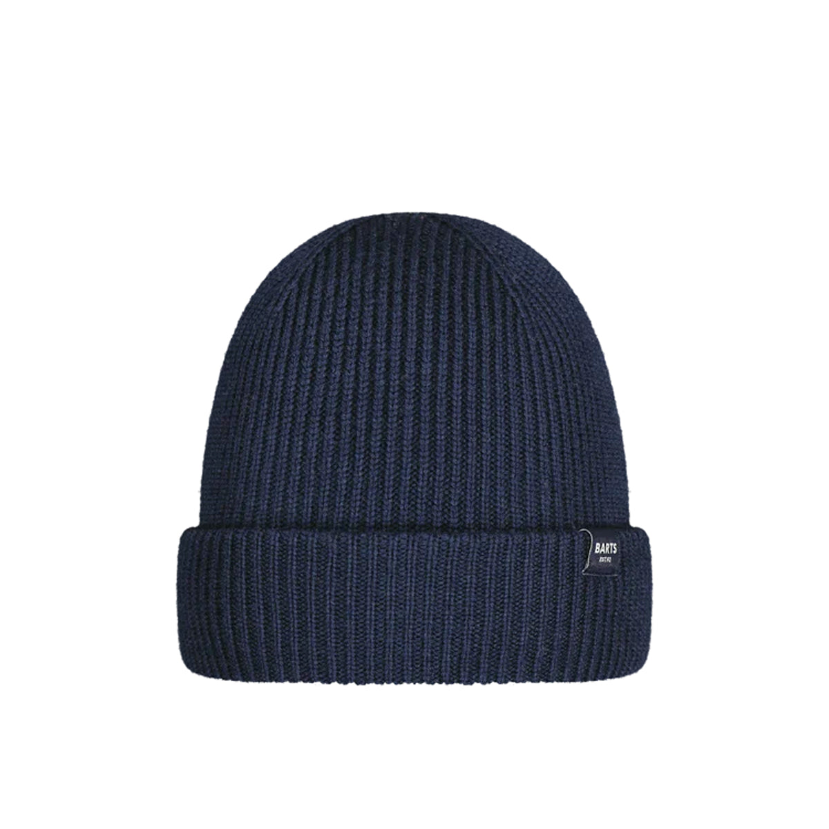 A navy blue ribbed merino knit kids beanie hat with a folded cuff, featuring a small white embroidered logo on the side, set against a plain white background.