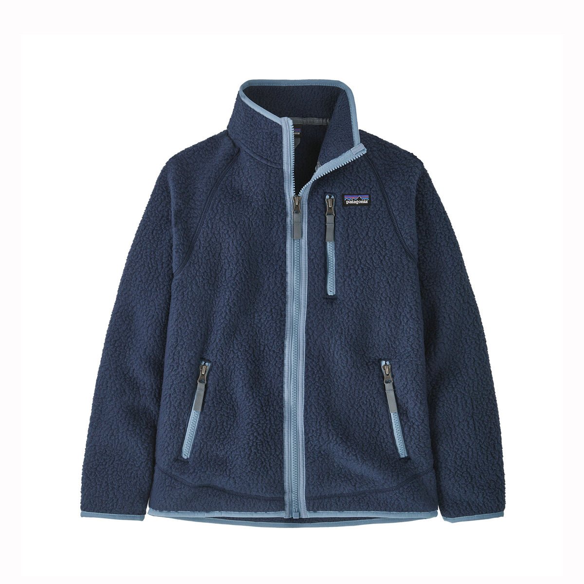 Navy blue fleece jacket with zippers on a white background - Patagonia Kids' Retro Pile Fleece Jacket (New Navy)