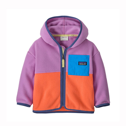 Purple and orange kids hoodie with a blue pocket on a white background