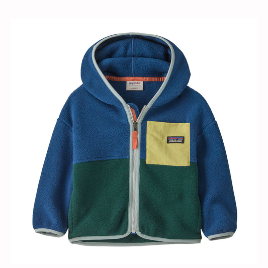 Blue and green hoodie with a yellow pocket on a white background. Patagonia Baby Synch Hoody (Clement Blue)