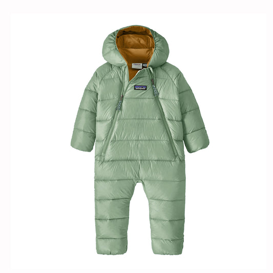 Green baby snowsuit with a hood on a white background