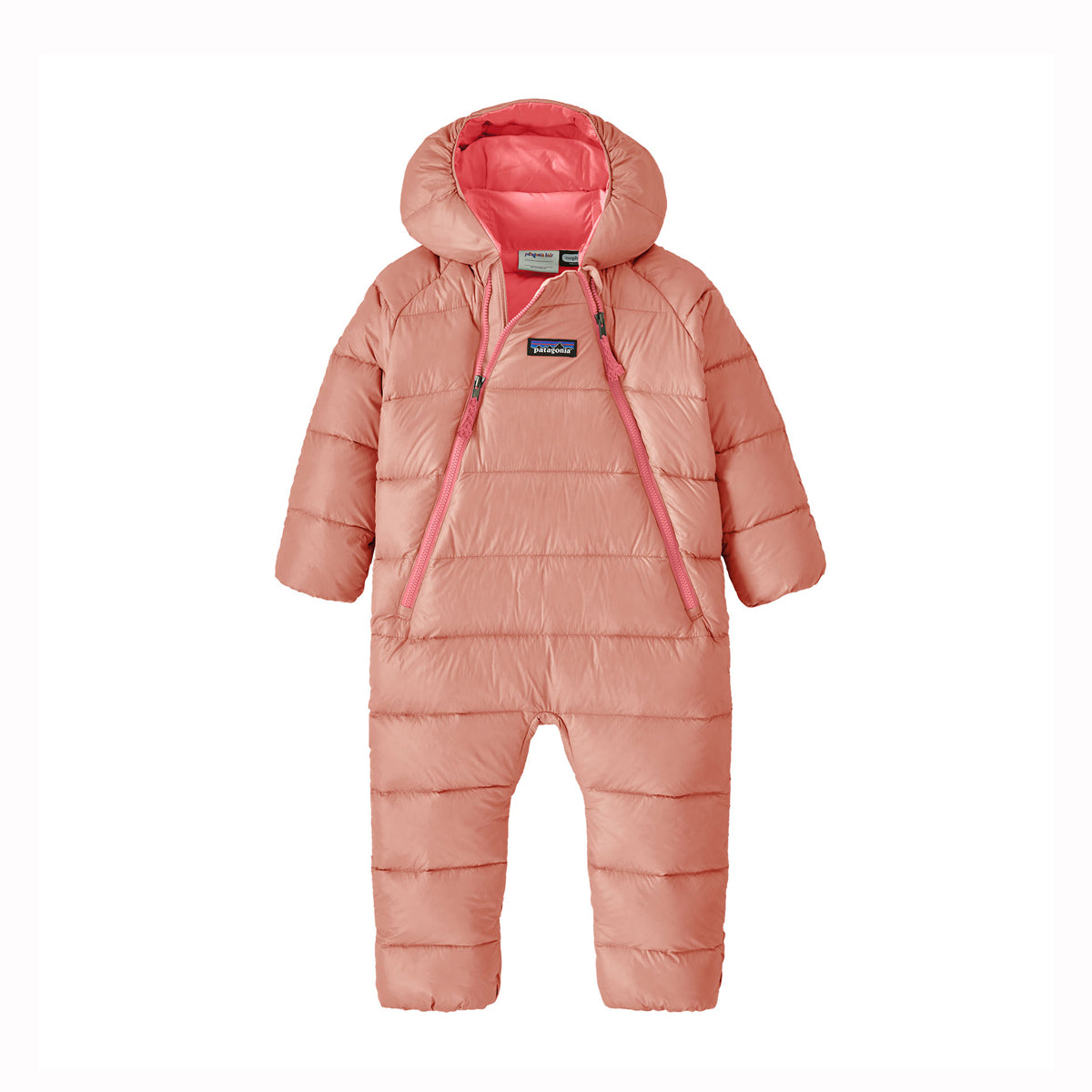 Pink baby snowsuit with a hood on a white background