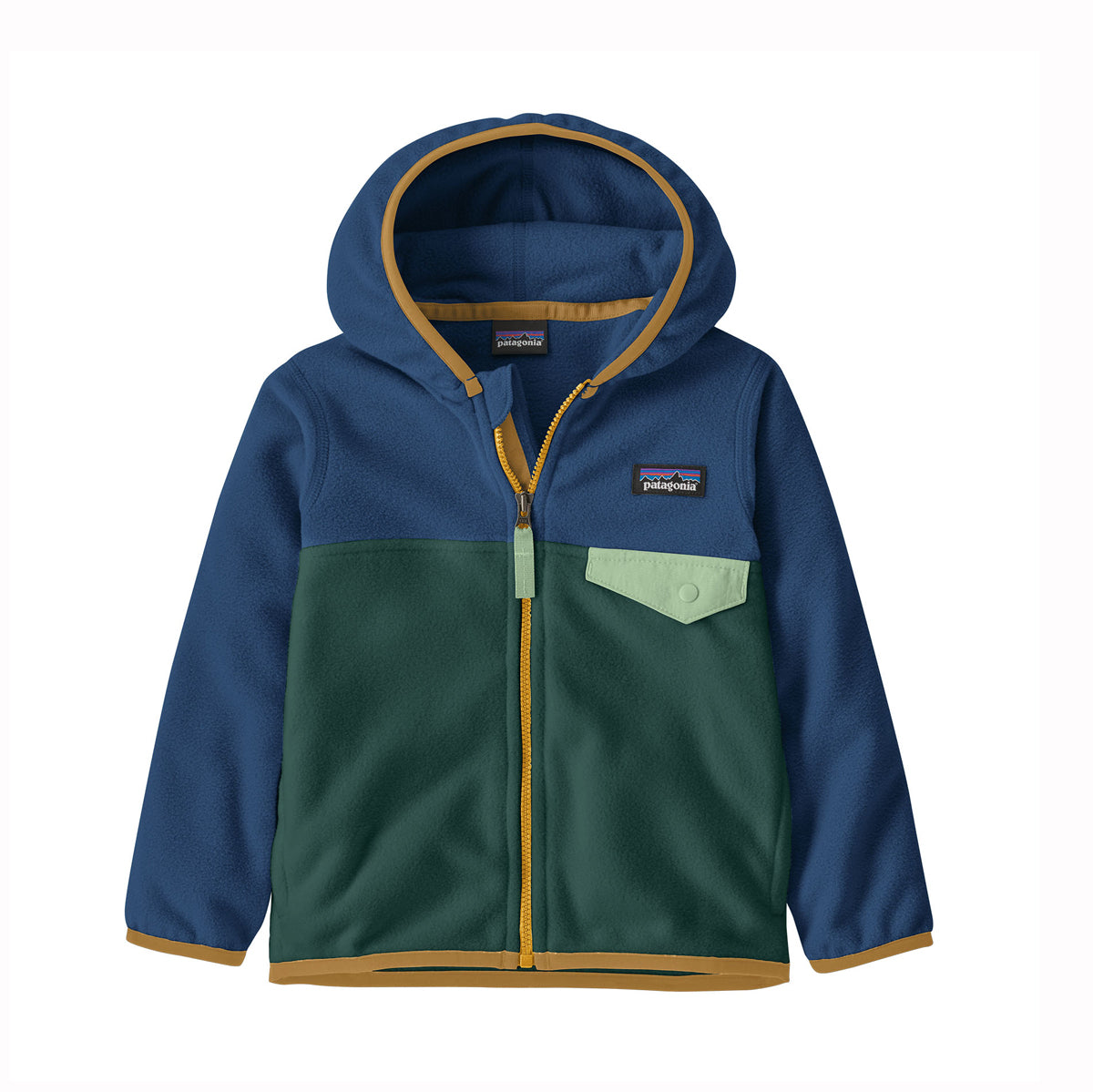 Two-tone blue and green jacket with a visible brand logo on a white background