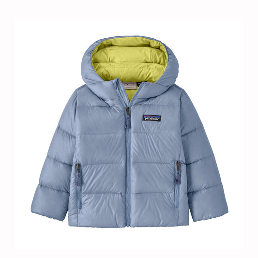 Blue puffer jacket with a Patagonia logo on a white background