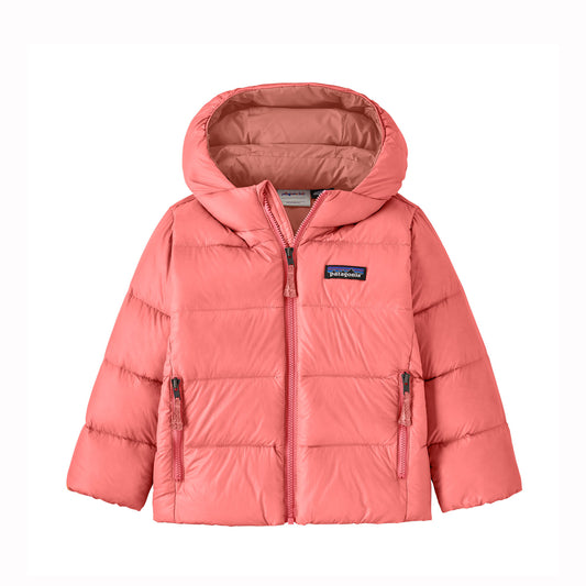 Patagonia little girls down puffer jacket with hood in pink on a white background