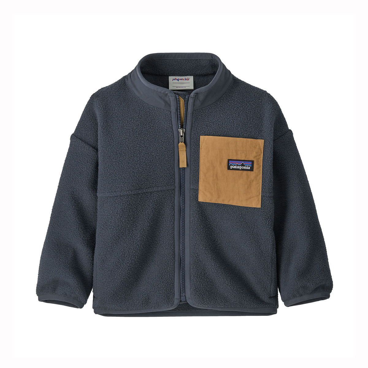 Navy blue kids fleece jacket with a brown pocket and Patagonia logo on a white background