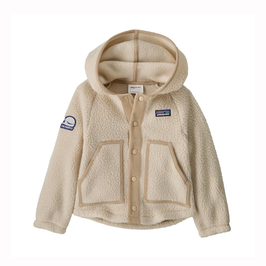 Beige kids Patagonia fleece jacket with hood on a white background