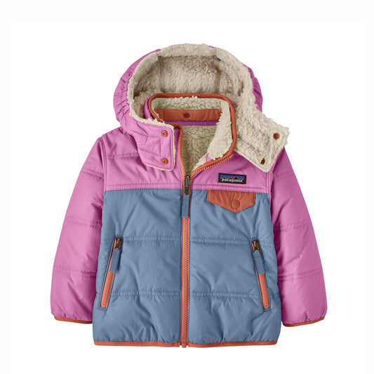 Children's two-tone jacket with pink upper half and blue lower half on a white background