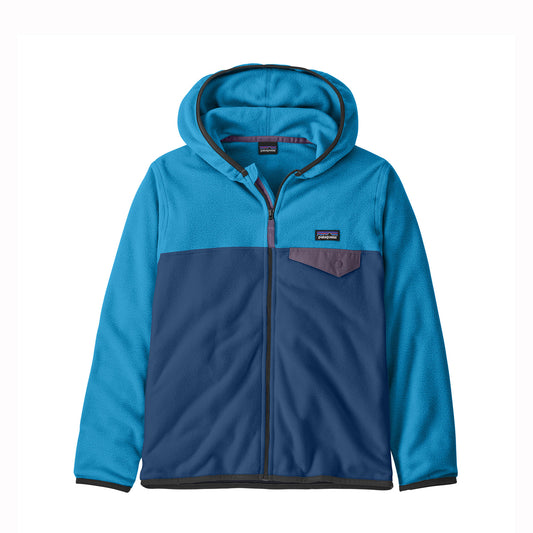 Blue and navy kids fleece jacket with a hood on a white background