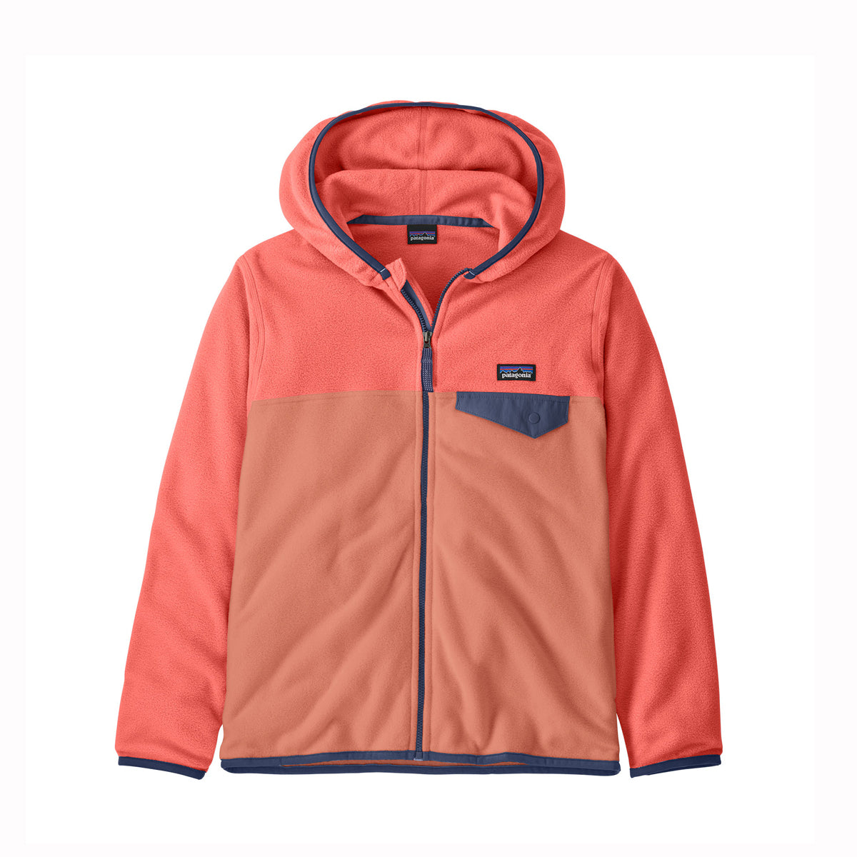 Two-tone hooded jacket with a visible brand logo on a white background