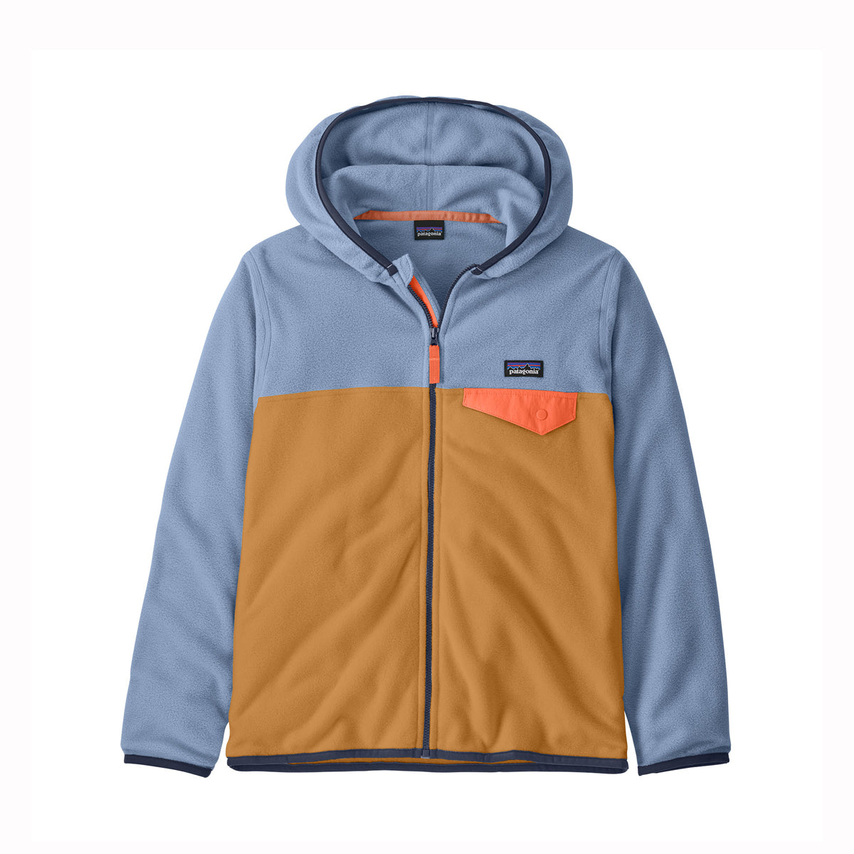 Color-blocked hoodie with blue and orange sections on a white background