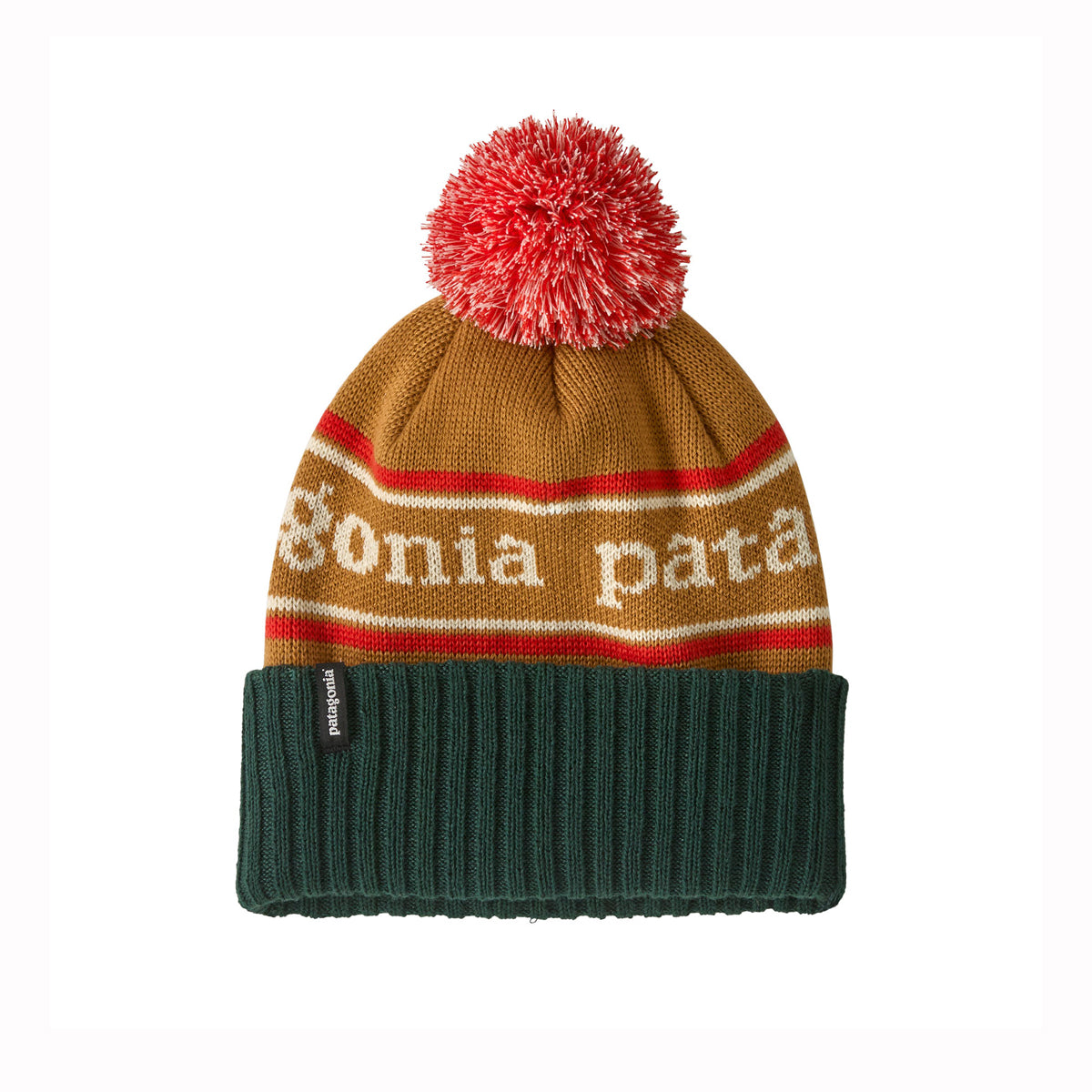 Knitted beanie with red pom-pom and striped pattern on a white - Patagonia Kids Powder Town Beanie (Talon Gold)background
