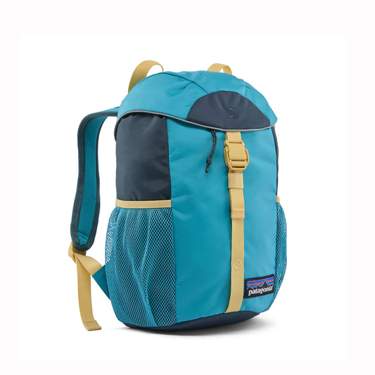 Blue and beige backpack with Patagonia logo on a white background