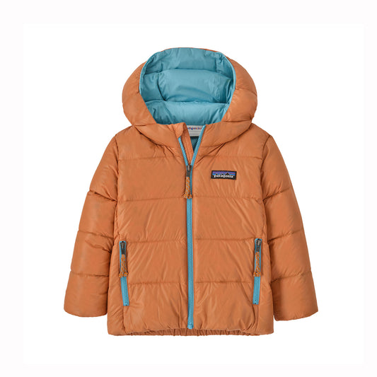 Toddler Orange puffer jacket with blue lining and Patagonia logo on a white background