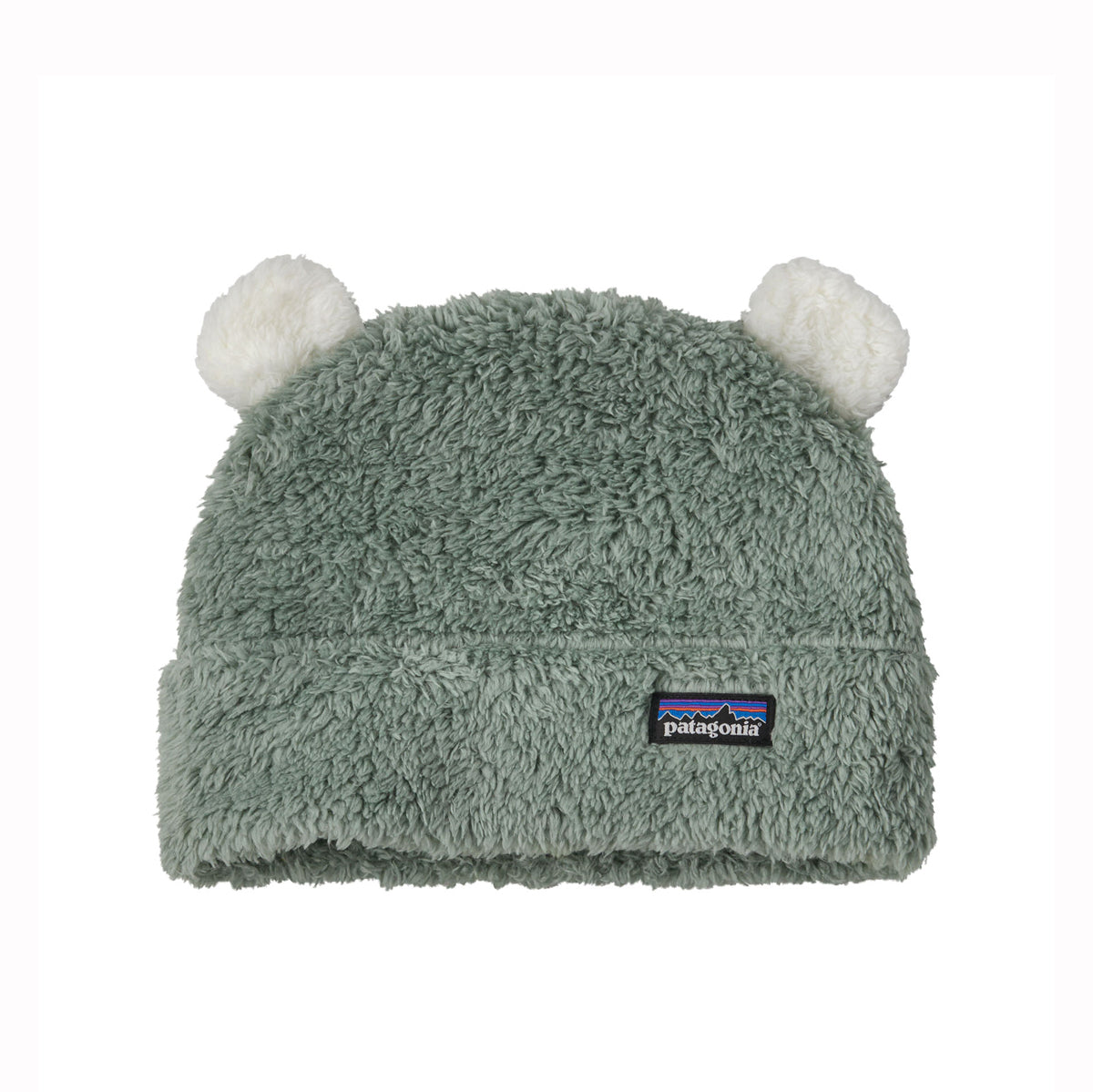 Green fleece beanie with little teddy ears and Patagonia logo on a white background