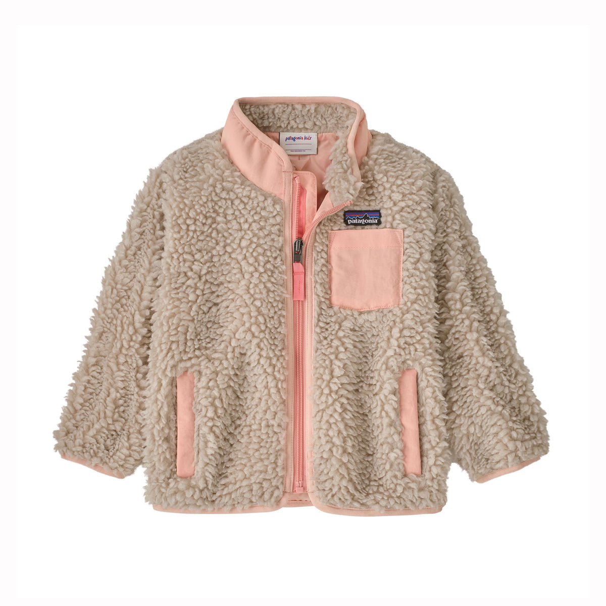 Beige and pink jacket with a visible Patagonia logo on a white background