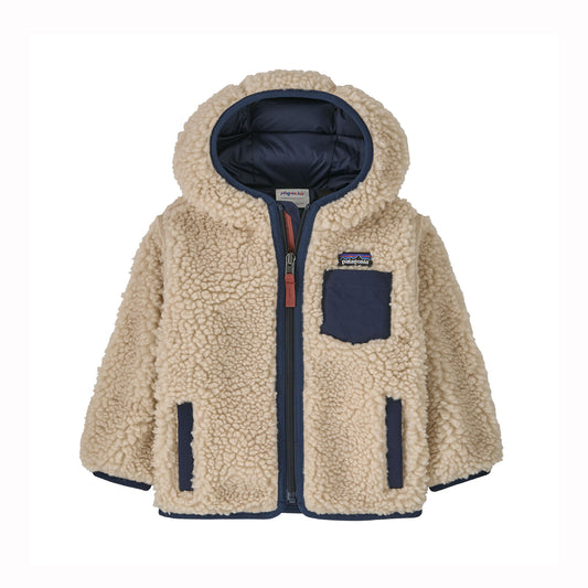 Beige kids fleece jacket with navy accents on a white background