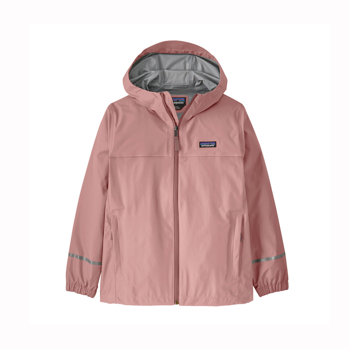 Pink rain jacket with a brand logo on a white background