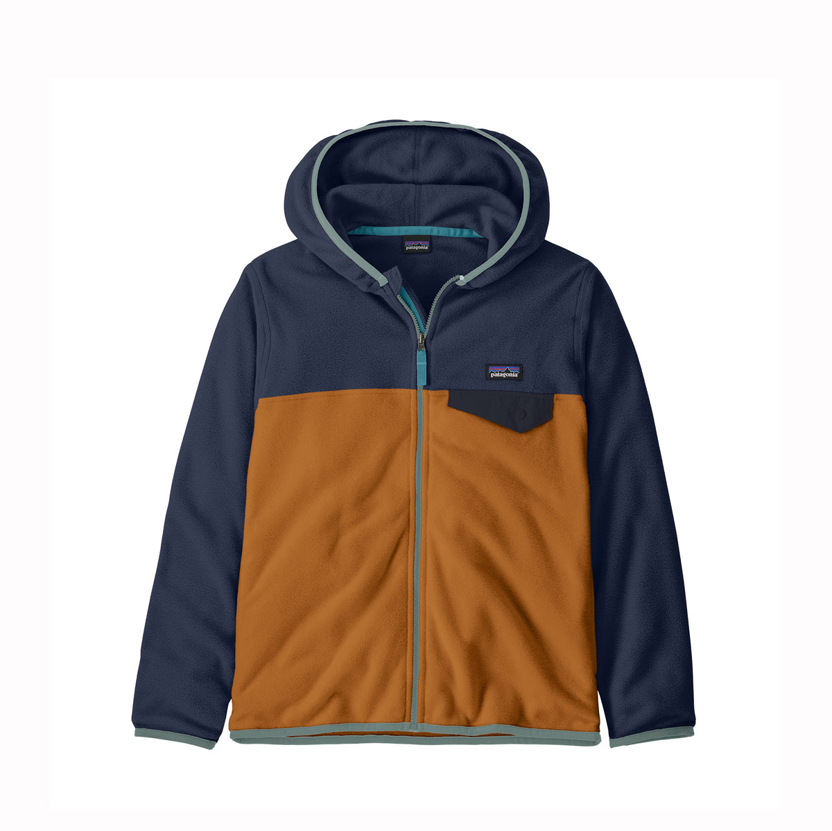 Two-tone hooded jacket with navy and brown colors on a white background