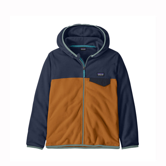 Two-tone hooded jacket with navy and brown colors on a white background