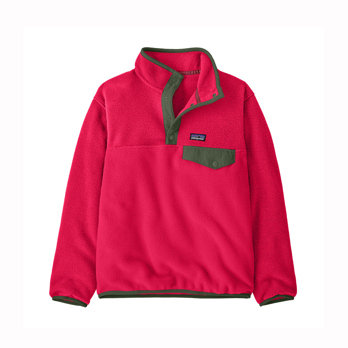 Pink fleece pullover with green accents on a white background