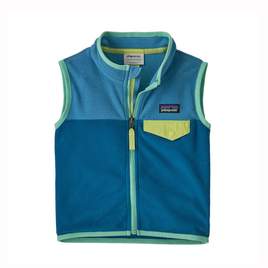 Blue children's vest with green accents on a white background