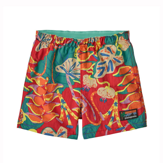 Colorful swim shorts with a floral pattern on a white background