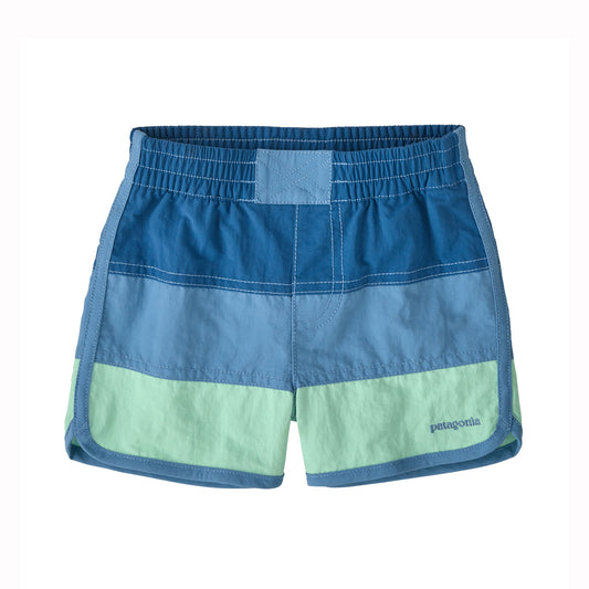 Blue and green shorts with Patagonia logo on a white background