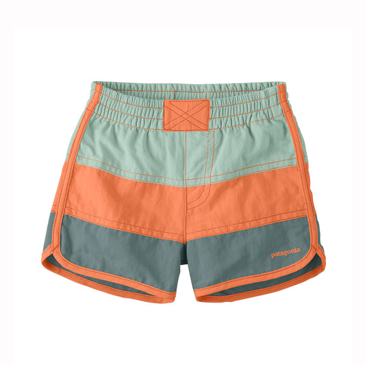 Color-blocked shorts with orange and green on a white background