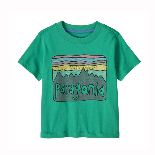 Green toddler sized t-shire with large Patagonia logo