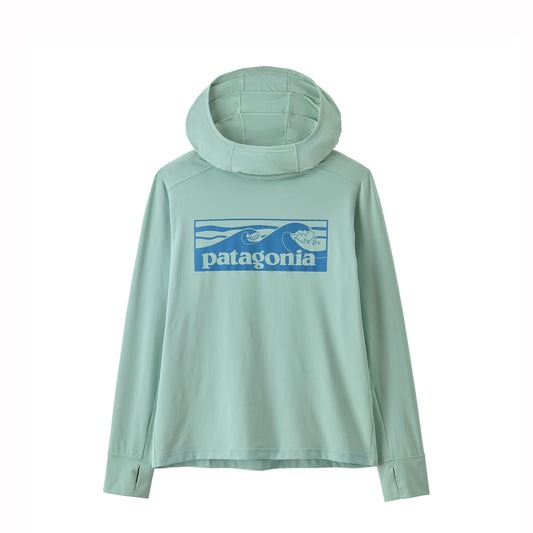 Light blue kids UV hoodie with Patagonia logo on a white background