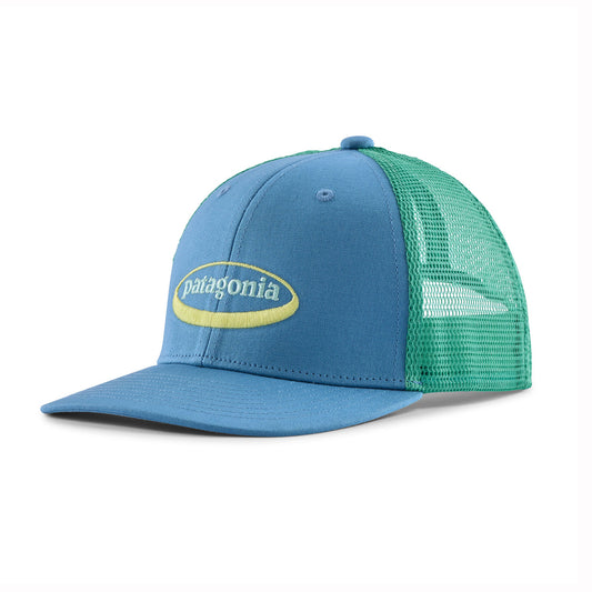 kids trucker hat in blue and green with Patagonia logo