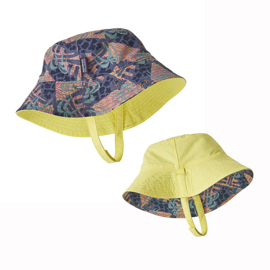 Two bucket hats with colorful patterns on a white background