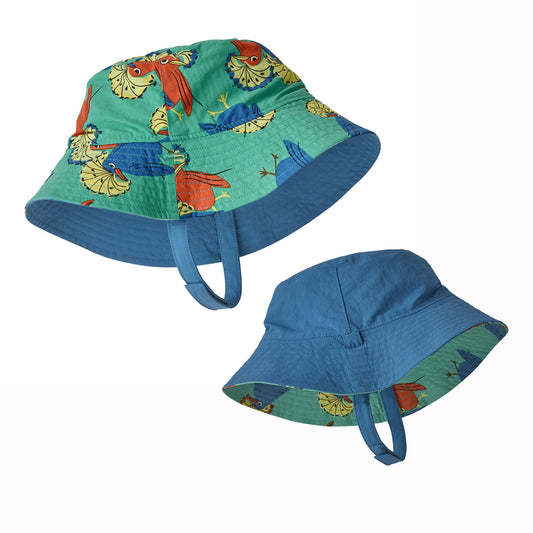 Two children's sunhats with colorful designs on a white background
