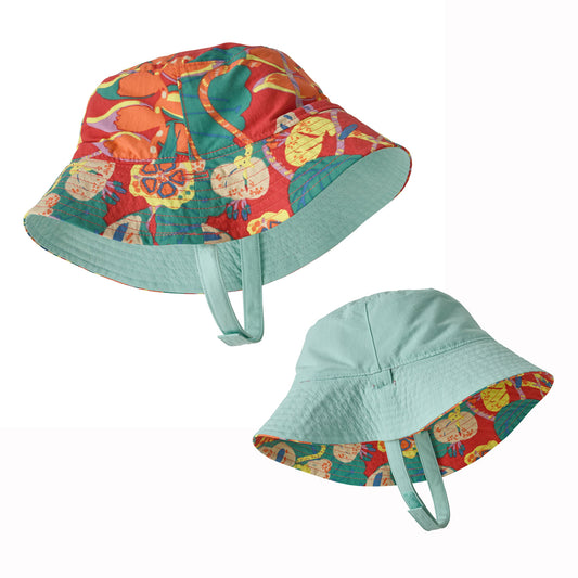 Two children's sunhats, one with colorful pattern and one with solid color, on a white background.