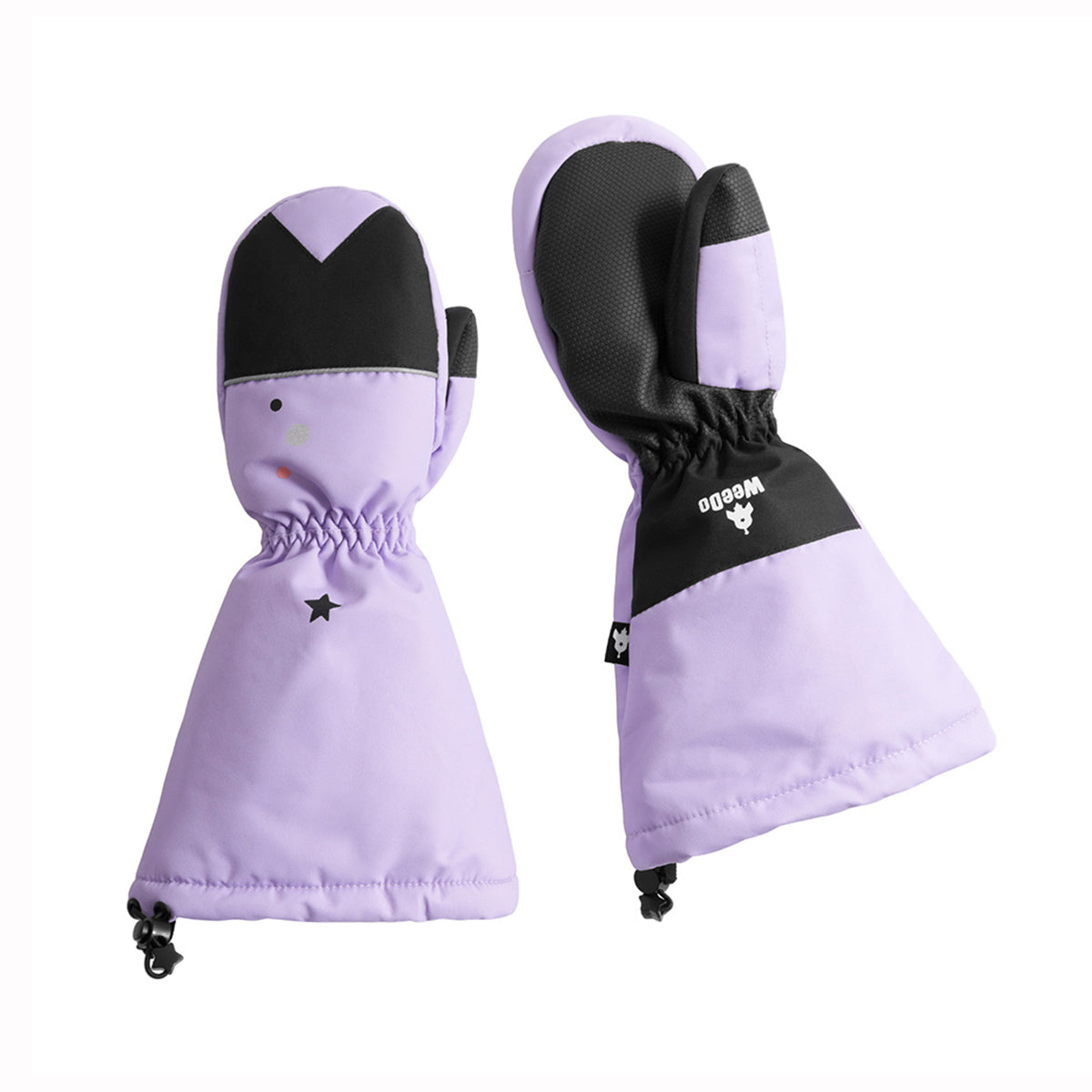 Pair of purple and black mittens with a brand logo on a white background