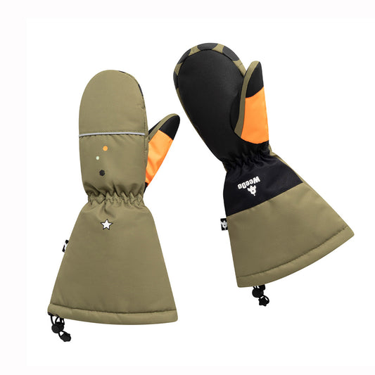 A pair of winter mittens on a plain white background. One mitten is shown from the back in olive green with orange accents, and the other is shown from the front in black and orange with a white logo that reads 'Weedo'.