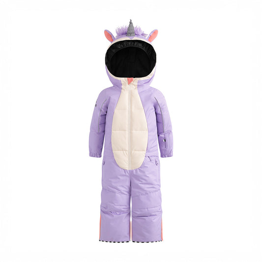 Purple unicorn-themed snowsuit on a white background