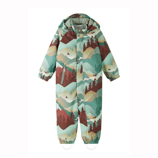 A hooded one-piece snowsuit with an all-over scenic mountain and forest print in muted teal, brown, beige, and cream tones, shown flat against a white background.