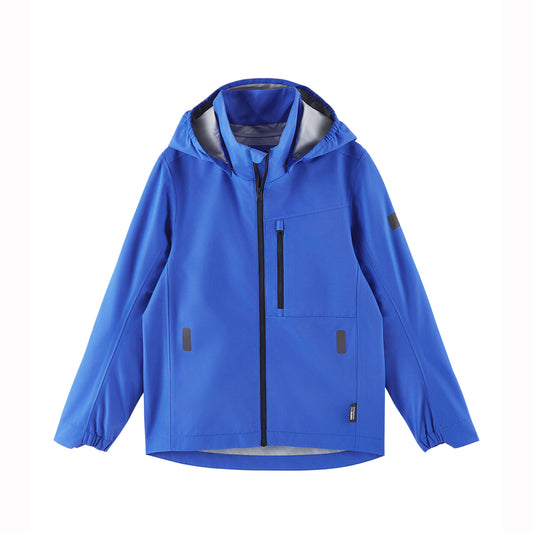 Blue kids waterproof jacket with a hood on a white background