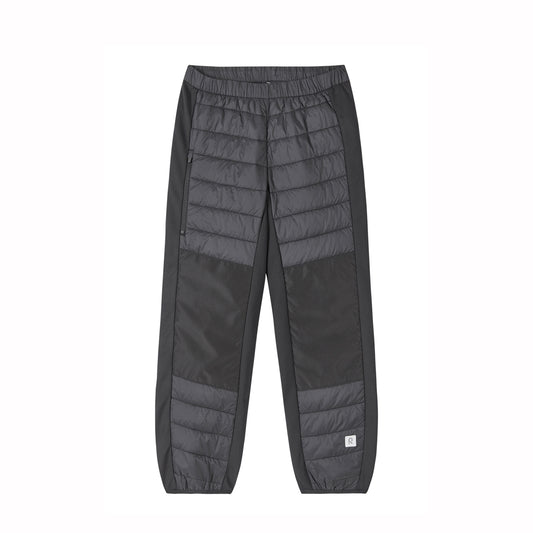 Dark gray colorblock puffer pants with horizontal quilting, elastic waistband, and zippered side pockets, shown flat on a white background.