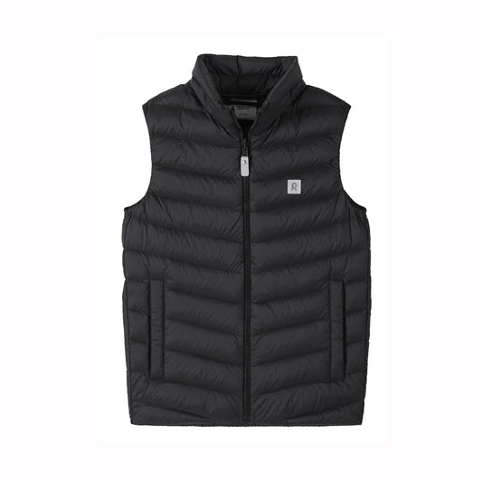 A black sleeveless puffer vest with a full front zipper, stand-up collar, and a small square logo patch on the left chest, shown against a plain white background.