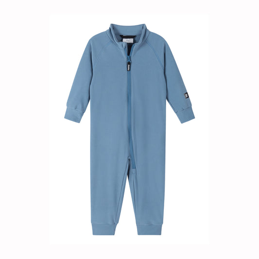A light blue one-piece baby jumpsuit with a full front zipper, raglan sleeves, and ribbed cuffs and ankles, shown on a plain white background.